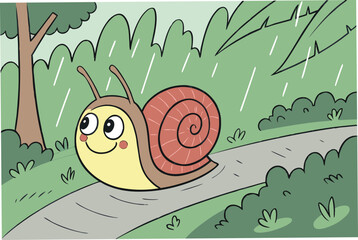 Illustration of a snail on a path during a rainy day, surrounded by greenery, showcasing a whimsical and colorful scene
