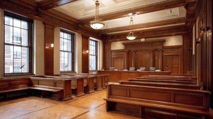 Empty courtroom interior with classic wood paneling, benches, and judge's bench evoking justice and law