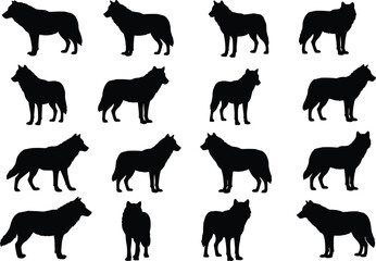 Wolf silhouette set, wild animal vector, black wolf illustration, forest creature clipart, predator silhouette graphic, nature wildlife design, canine animal icon, hunting wolf image