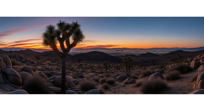 Stunning Panoramic Sunrise Over the Mojave Desert with Joshua Tree.