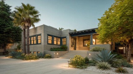 Fototapeta premium Modern residential building with geometric design, flat roof, and large windows set against a twilight sky,
