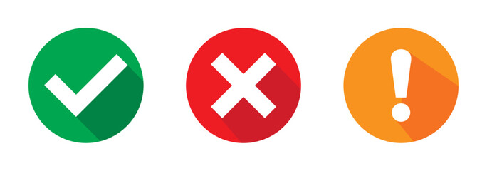 Obraz premium Set of flat round check mark, exclamation point, X mark icons, buttons isolated on a white background. EPS10 vector file