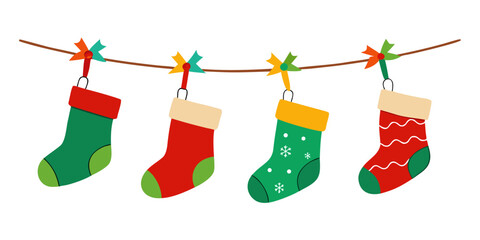 Festive Christmas Stockings Hanging on a String Ready for Santa s Gifts on white background