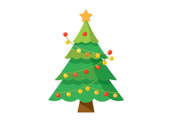 Cartoon Christmas tree with star and lights isolated on white background