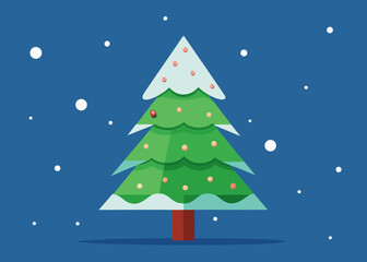 Stylized Christmas Tree with Snow and Ornaments on a Dark Blue Background on white background