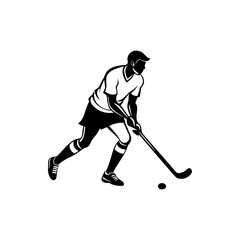 Monochrome graphic silhouette of a hockey player in action with a ball 