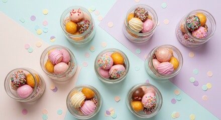 Top view of assorted donut holes in glass jars on white background for dessert or bakery presentation
