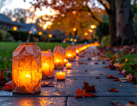 Halloween Luminarias Suburban Walkway Evening Candle Display