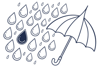 Illustration of an umbrella surrounded by raindrops, with one raindrop colored in, depicting a rainy day scene