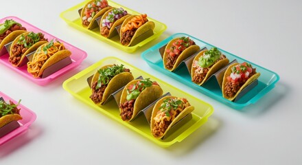 Assorted mini tacos served in neon trays with lively party mood on white background for food or appetizer uses
