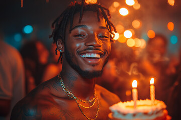 Smiling young man holding birthday cake with two burning candles celebrating party surrounded by warm lights joyful mood and festive atmosphere