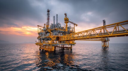 Obraz premium Offshore Oil Platform at Sunset: Energy Production in Open Sea Environment with Dramatic Sky