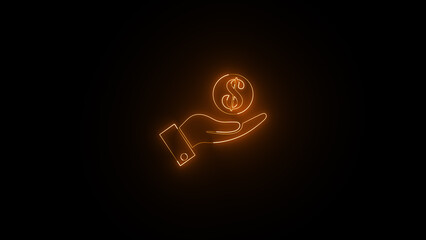 Neon glowing save money icon on black background. Money on a hand.