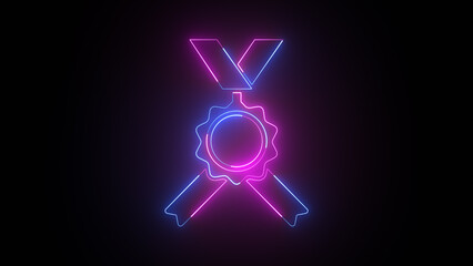 Neon glowing medal icon illustration on black background.