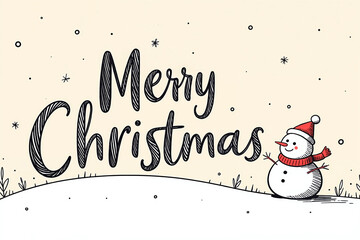 Hand-drawn Merry Christmas text with snowman, red hat, and scarf on snowy hill.