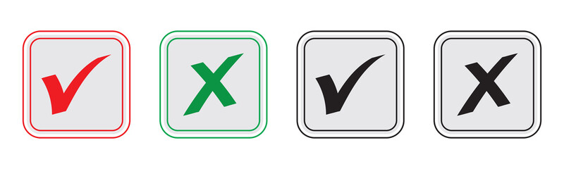 check mark icon button set. check box icon with right and wrong buttons and yes or no checkmark icons in green tick box and red cross