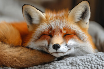 Fototapeta premium Sleeping fox curled fur warm cozy natural texture orange white peaceful rest calm dreamy wildlife animal close up background