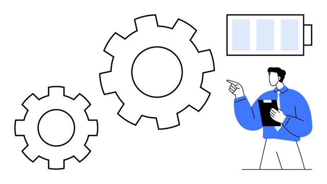 Professional reviewing large gears and battery icon to analyze energy efficiency, workflow, and productivity. Ideal for engineering, energy management, innovation, technology, process optimization