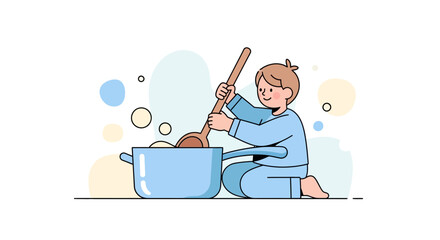 Fototapeta premium Joyful Child Cooking Meal Illustration Depicting Kitchen Activities, Happy and Healthy