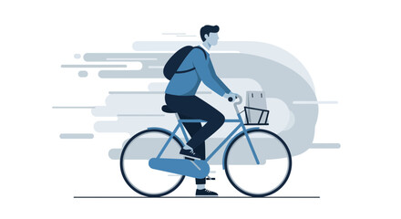 Fototapeta premium Man Riding Bike With Backpack Across White Background in Modern Graphic Style