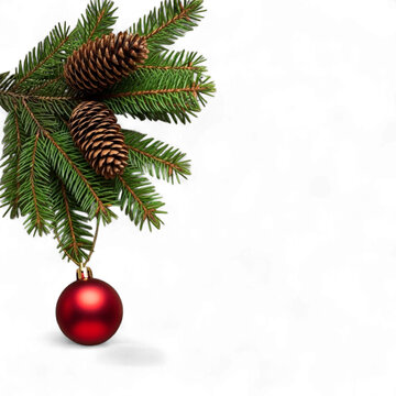 Christmas tree branch with pine cones and red ornament isolated on transparent background
