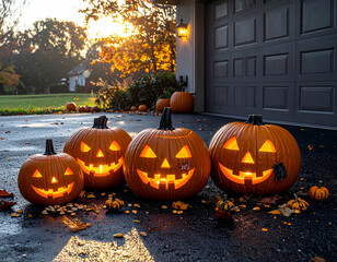 Halloween Jack-o'-lanterns Suburban Driveway Evening Candle Glow
