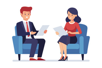Obraz premium Business meeting with man and woman sitting in chairs reviewing documents