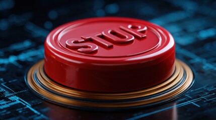 Red Stop Button on a Digital Circuit, Symbolizes Immediate Halt or Emergency Intervention, Displayed Against a Modern Blue Background