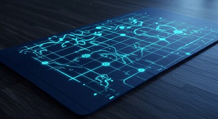 Futuristic technology interface with glowing blue grid and circuit patterns.
