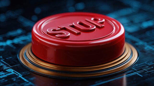 Red Stop Button on a Digital Circuit, Symbolizes Immediate Halt or Emergency Intervention, Displayed Against a Modern Blue Background