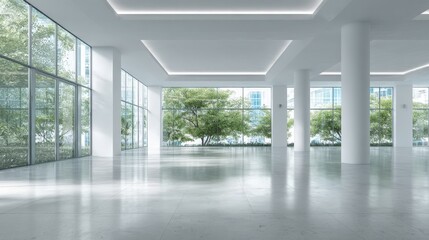 Bright Modern Empty Office Space with Large Windows Overlooking Greenery, Ideal for Corporate Business