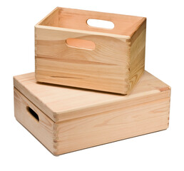 Two empty wooden crates with handles on transparent background
