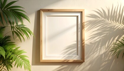 Frame against a cream wall with overlapping palm and fern shadows.