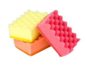 Colorful kitchen sponges stacked on transparent background