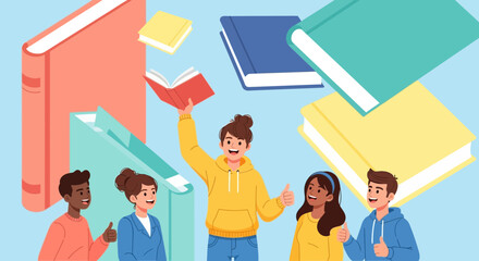 Joyful Group Reading Together Surrounded By Colorful Books And Enthusiastic People