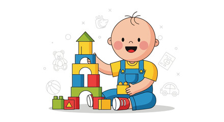 Fototapeta premium Joyful Infant Playing With Building Blocks Constructing A Colorful Structure