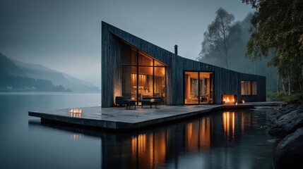 Fototapeta premium A modern wooden house by a calm lake at twilight, featuring large glass windows, clean lines,