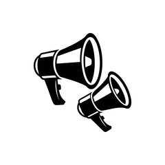 Two black and white megaphone illustrations signifying communication and announcement needs silhouette vector