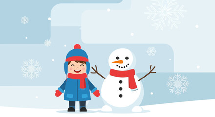 Fototapeta premium Joyful Winter Day: A Cheerful Child and Snowman in Festive Season Together