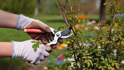 A close-up shot of a person's gloved hands pruning a plant in a garden with hedge clippers. The image shows the care and maintenance involved in gardening.