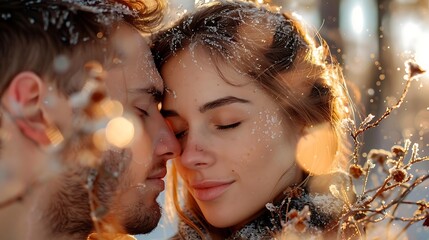 Romantic close-up of a couple in winter forest with snow and warm bokeh lights