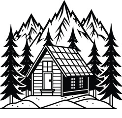 Fototapeta premium Rustic mountain cabin surrounded by pine trees and majestic peaks