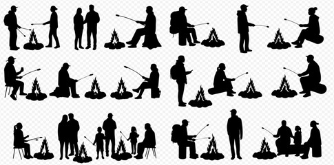 Silhouettes of people camping and roasting marshmallows around campfires, depicting various outdoor leisure activities.