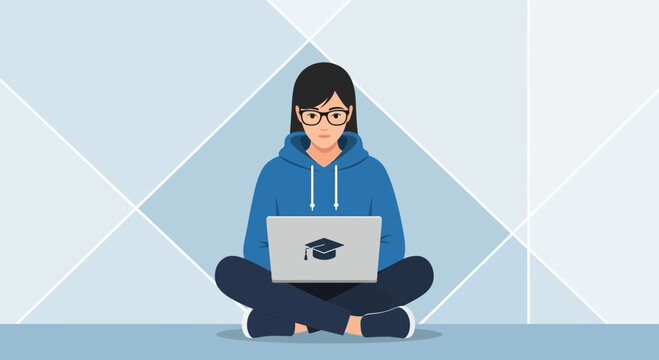 Online Education And Modern Learning Illustrated: A Female Student With Laptop