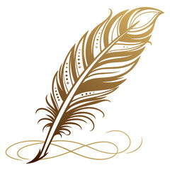 Fototapeta premium Golden feather quill pen with swirls drawing