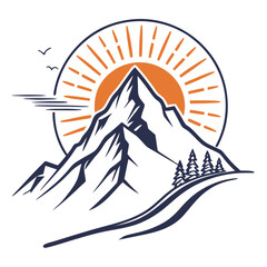 Mountain peak with sunburst and pine trees, a nature logo design concept