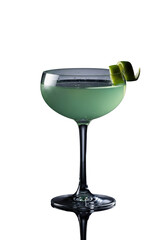 Pale emerald green Last Word cocktail in elegant coupe glass, lime twist, condensation, on dark reflective surface against charcoal background, concept of sophisticated elegance