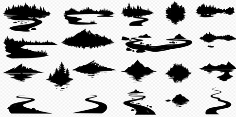 Fototapeta premium A diverse collection of black silhouette natural landscape elements featuring forests, mountains, winding rivers, and calm lake reflections.