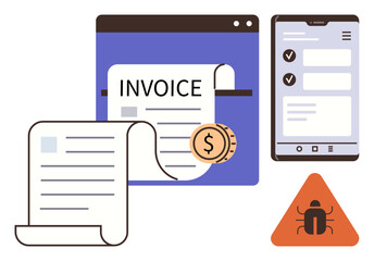 Invoice with payment coin, mobile device displaying checklist, bug warning triangle. Ideal for finance, technology, business, cybersecurity, mobile apps, fraud prevention simple flat metaphor