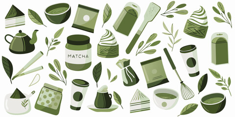 Collection of matcha tea related items and desserts in a charming green and white illustration style